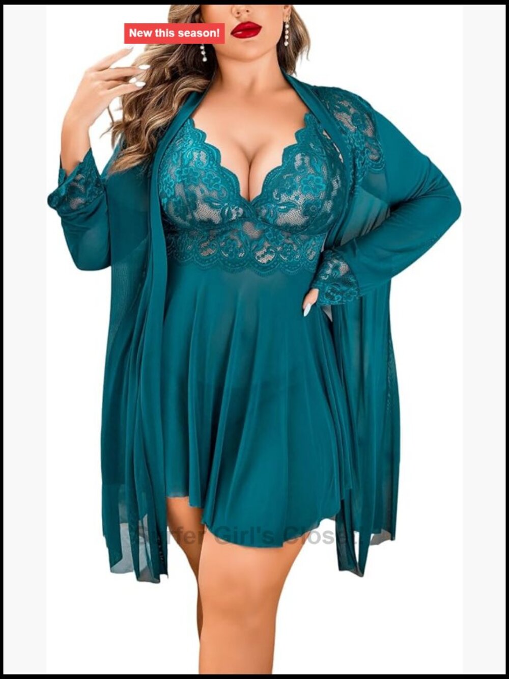 Plus Size Lace Chemise Lingerie Set with Robe and G-String